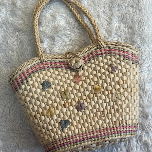 Vintage Straw Cottagecore Handle Purse Basket Bag Pink Gingham Floral - Image 5