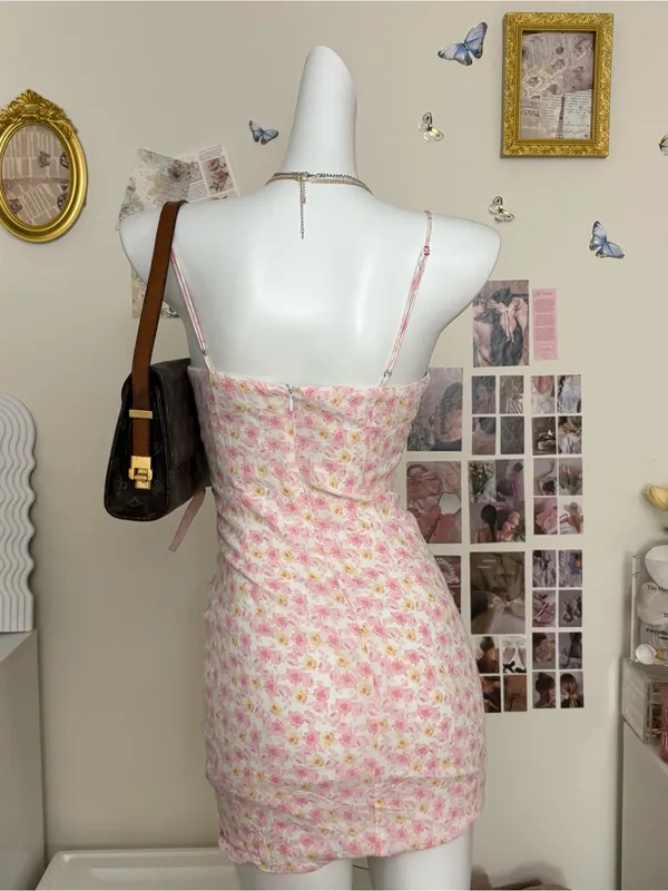 Cotton Candy Pink & Yellow Floral Ruched Spaghetti-Strap Mini Dress - Image 4