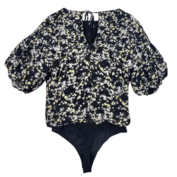Free People Intimately‎ Bodysuit Floral Puff Sleeve Black Boho Top Womens S - Image 5