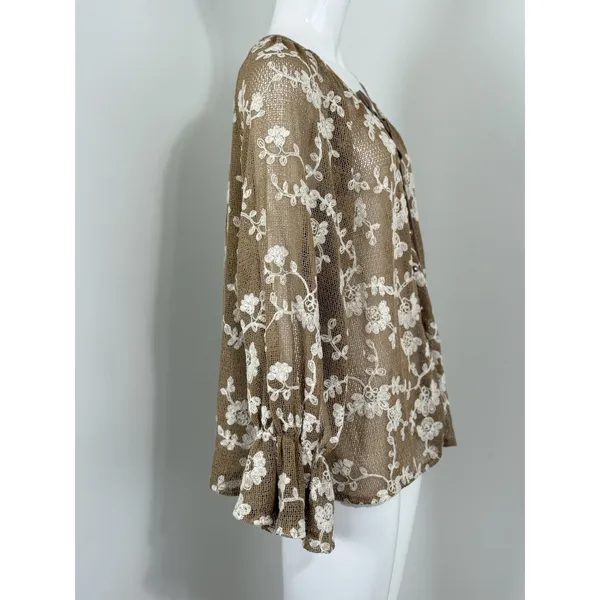 Y2k Sheer Mesh Floral Blouse Long Sleeve Embroidered Women XL Floral Cottagecore - Image 2