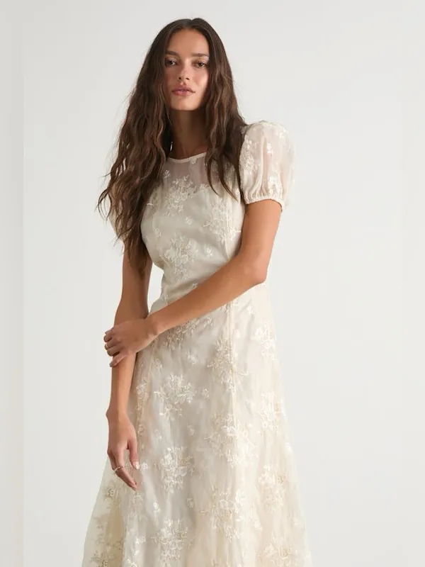 Lulus Elfrieda Cream Floral Embroidered Puff Sleeve Midi Dress Size Small Bridal - Image 4