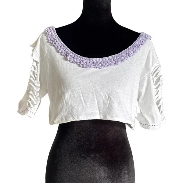 White Cropped Flirty T-Shirt Crochet Neck Trim Shredded Sleeves Festival Rave - Image 2