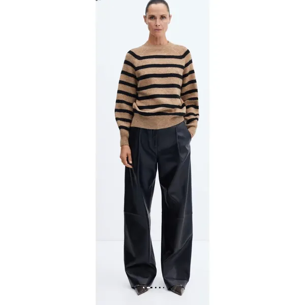 Mango MNG Striped Raglan Knit Sweater Camel Black Crew Neck Relaxed Fit XS - Image 4