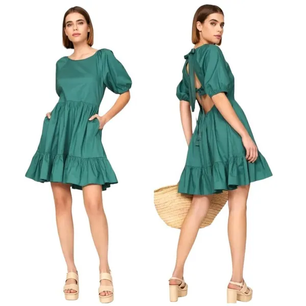 Peter Som Collective Dress Womens 12 Green Puff Sleeve Tie Fit And Flare Mini‎ - Image 2