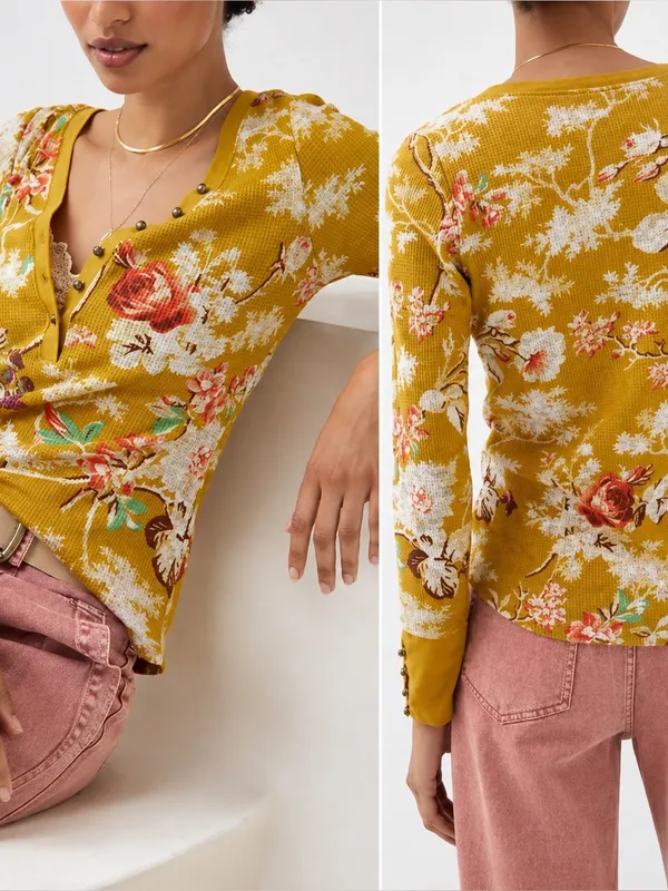Anthropologie Yellow Floral Waffle Henley Long-Sleeve Top Cottagecore Boho - Image 2