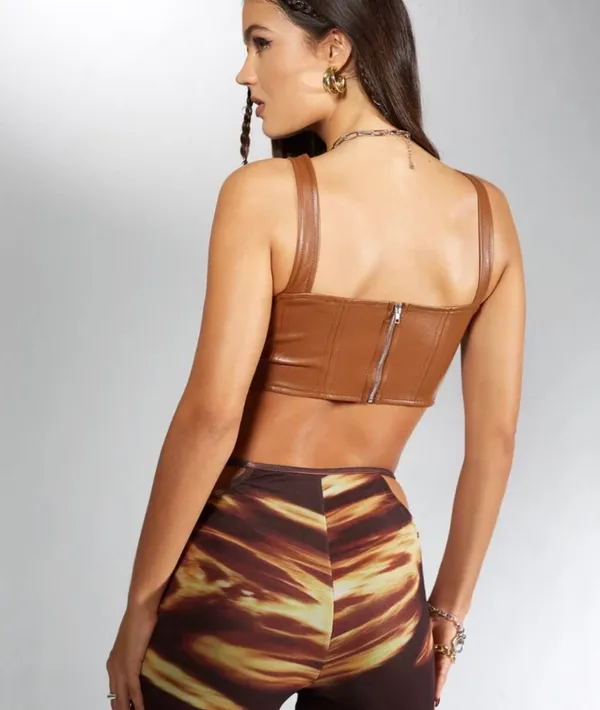 Motel Rocks Wawi PU Faux Leather Crop Top Chocolate Brown Y2K Size M Edgy - Image 2