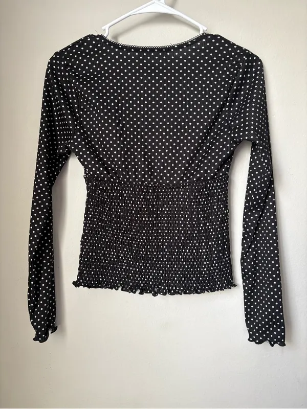 Good Days Project Black White Polka Dot Smocked Mesh Top S - Image 2