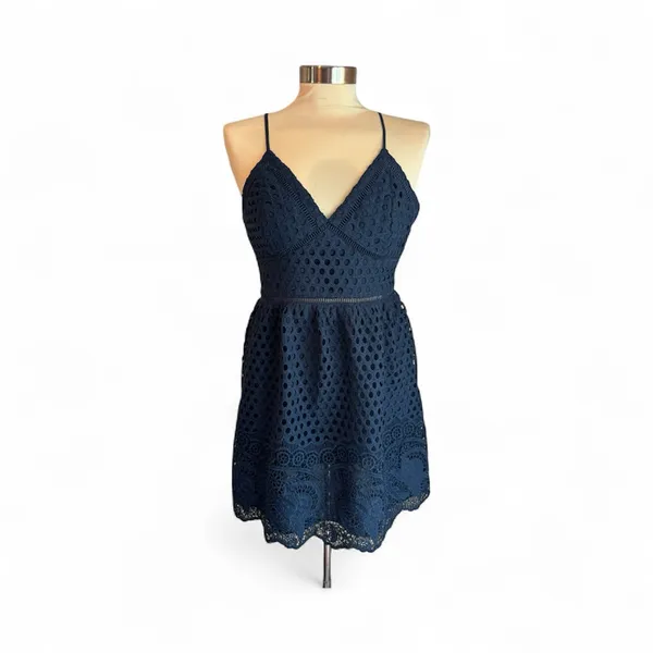 Abercrombie and Fitch Navy Blue Eyelet Criss Cross Back Mini Dress Size Small - Image 3