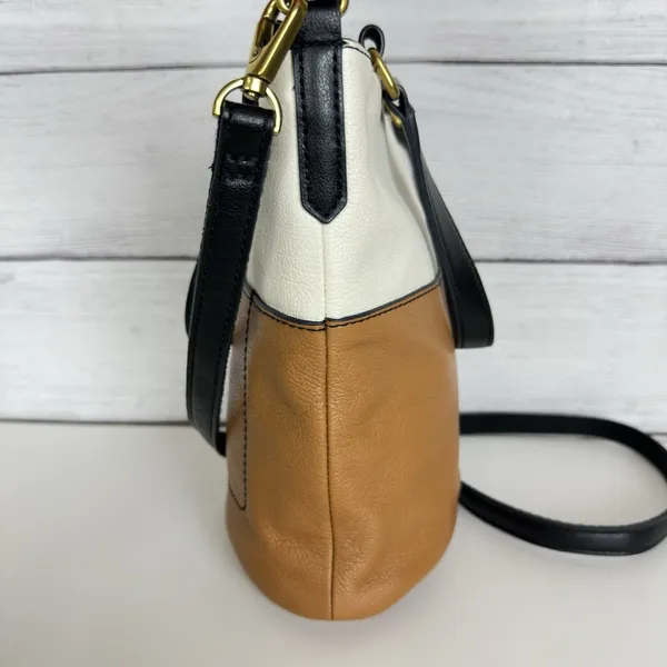 FOSSIL Amelia Bucket Purse Brown/Cream Two-Toned Leather Crossbody‎ Boho Western - Image 5