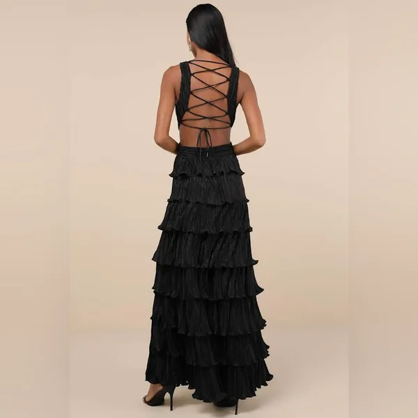 Lulus Beauty Icon Black Satin Pleated Tiered Lace-Up Maxi Dress - Image 2