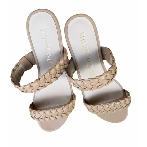 Stuart Weitzman Braided Leather Cork Wedge Sandals Nude Tan Platform W 5 Heel - Image 5