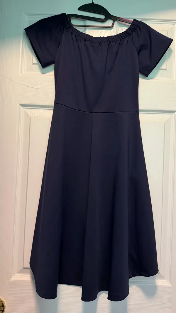 Navy Off-Shoulder High-Low Dress Small with side zipper, high quality/heavy - Image 3