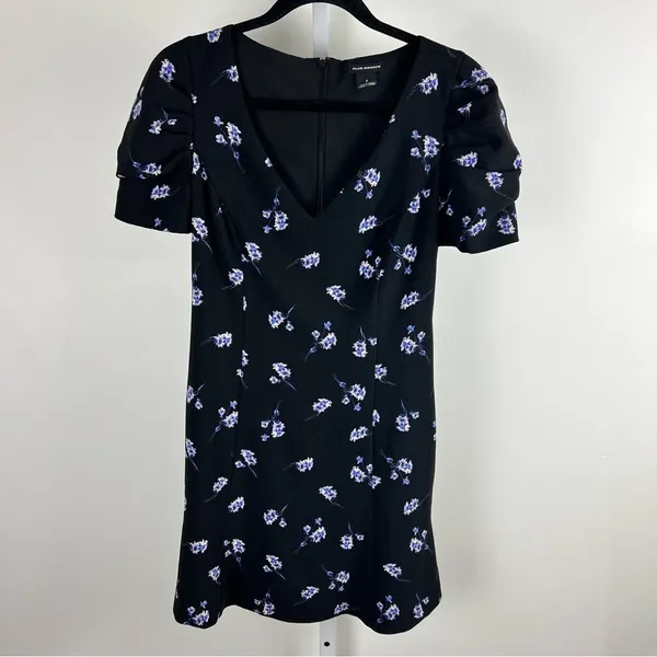 Club Monaco Floral Puff‎ Sleeve V-Neck Mini Dress Black Blue Size 2 - Image 2