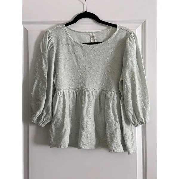 Anthropologie Mint Green Amorina Babydoll Top Textured‎ Puff Sleeve Small - Image 5