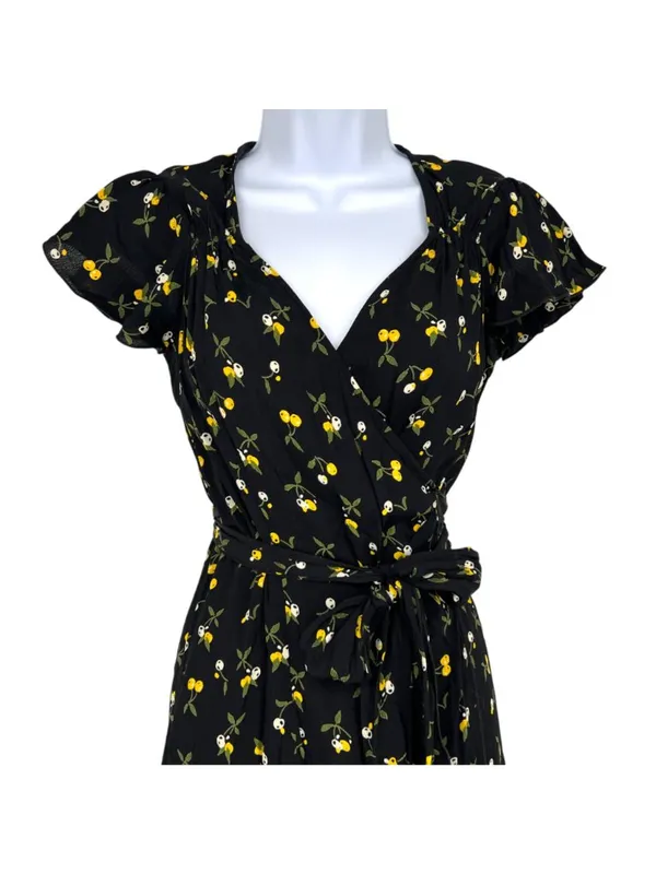 Dollz & Dames Cherry Sweetheart Wrap Dress Black Yellow Size XS Retro Pin-up - Image 2