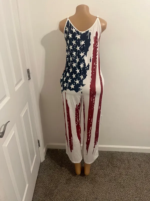 Show your style with this vibrant patriotic jumpsuit, featuring bold red, white, and blue colors. Perfect for any casual outing. - Image 4