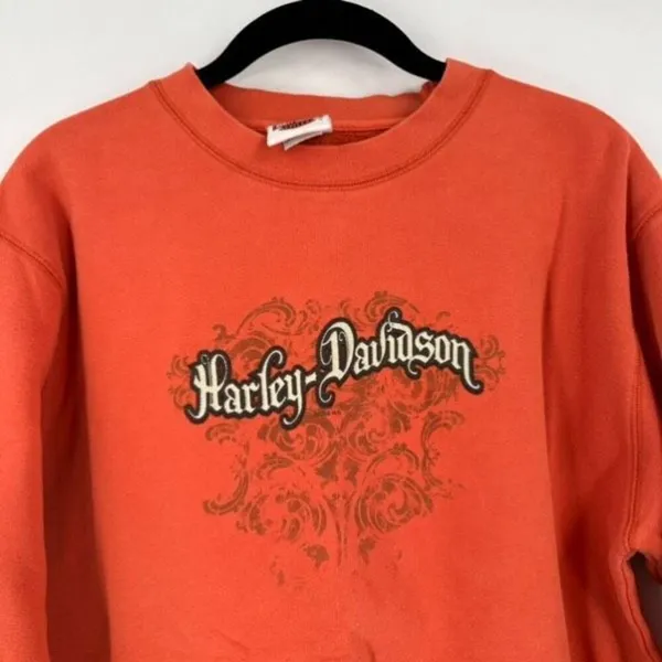 Vintage‎ Y2K Harley Davidson Women’s Orange Sweatshirt Large 3D Raised Spell Out - Image 9