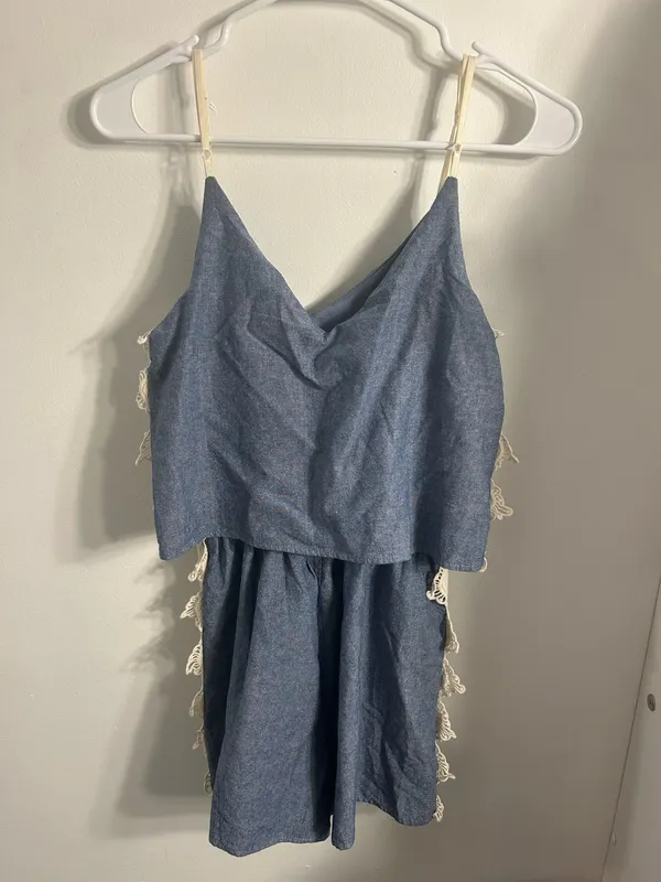 Blue Romper with White Lace Side Trim - Image 2