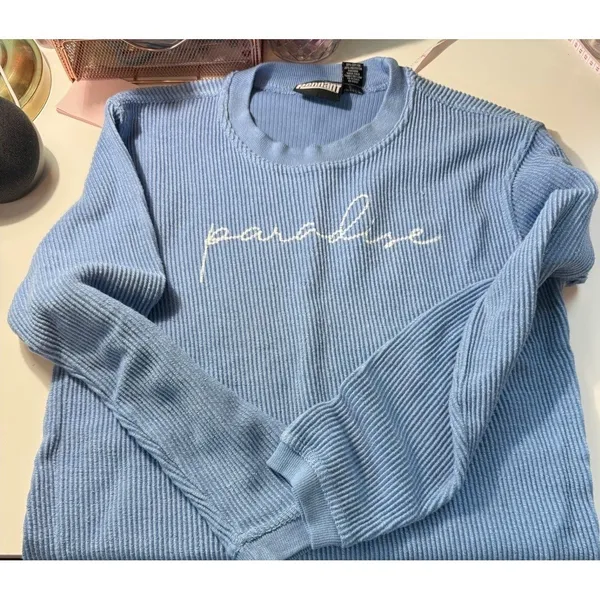 Pennant Sportswear Blue Ribbed Long Sleeve Top Paradise‎ Graphic Women's Small - Image 2