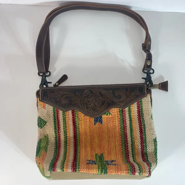 Myra handmade tooled bag leather & cotton carve detachable strap - Image 10