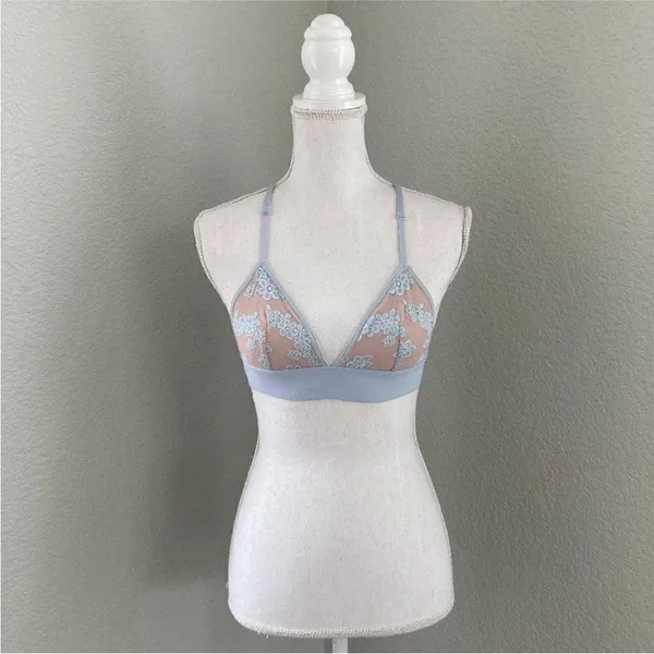 Pink Victoria's Secret Womens Blue Floral Lace Triangle Unlined Bralette Small - Image 2