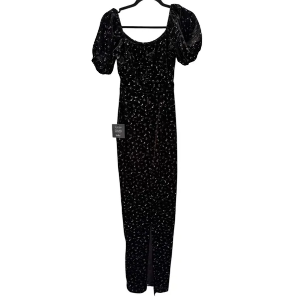 NWT Lulus Expert Charm Black Ditsy Floral Velvet Puff Sleeve Maxi Dress Size XS - Image 4