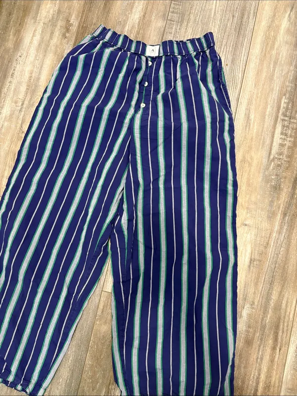 ANTHROPOLOGIE Wren Boxer Pants with Green and Navy and Gray Stripes Medium - Image 3