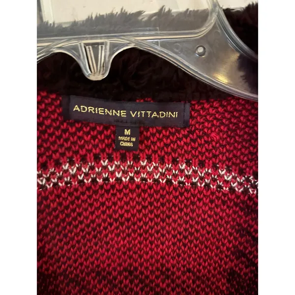 Adrienne‎ Vittadini Womens Red Black Plaid Faux Fur Collar Cardigan Sweater M - Image 3
