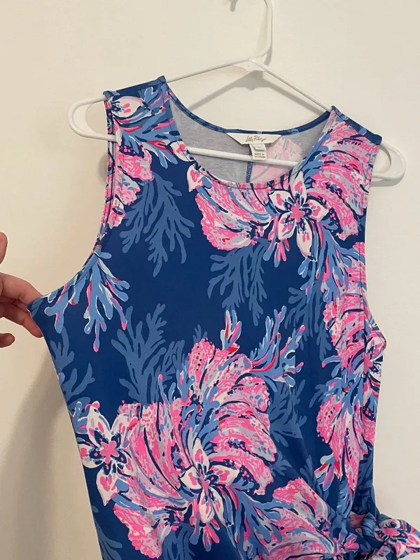 LILLY PULITZER Bryson Sleeveless Dress Multi for the Fans Blue Pink Faux Wrap L - Image 7