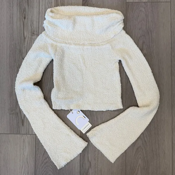 Commense Plush Ivory Casual Stretch Off Shoulder Knit Sweater Top XS - Image 2