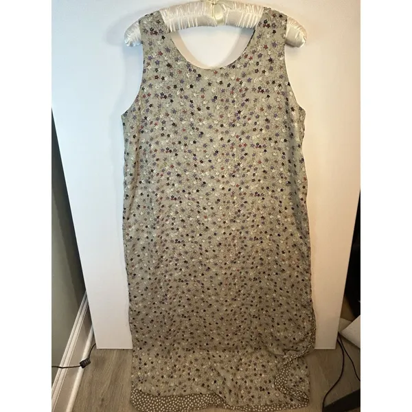 Reversible Maxi Dress L XL Floral Polka Dots Sleeveless Side Slits Tan Gray Mult - Image 14