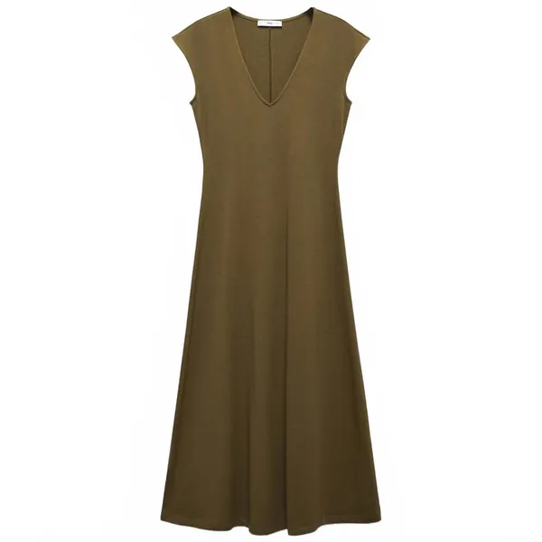 Mango V-Neck Cotton Dress Khaki Green NWT Size 2/XS - Image 3