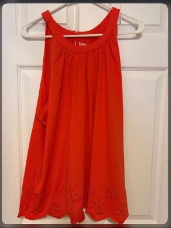 Lands' End Bright Orange Eyelet Scalloped Hem Sleeveless Tank Top L - Image 2