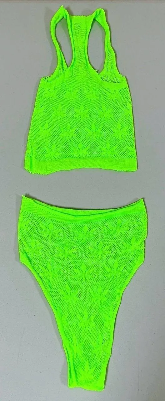 Neon Lime Green Leaf Fishnets Fishnet Bra and Bottoms Coords Matching Set O/S 💚 - Image 3