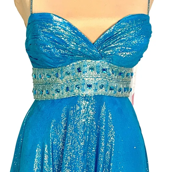 Dazzling Metallic Blue Silk Gown Flowy Prom 0 Hoco Glam Pageant Jeweled Hi-Low - Image 3