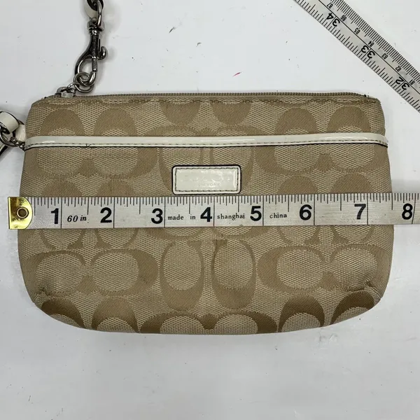 Coach Small Wristlet Signature Jacquard Monogram Khaki Tan White Patent Leather - Image 11