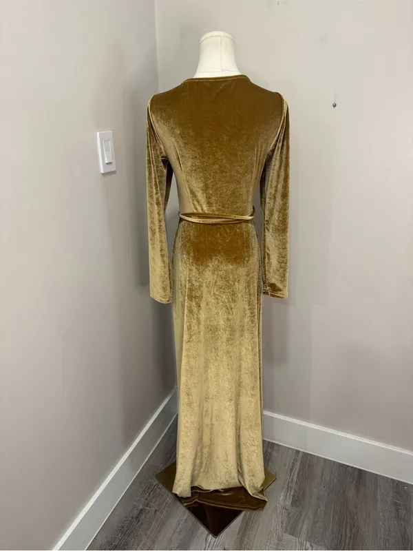 Baltic Born Sofia Velvet Wrap Maxi Dress Gold Long Sleeve V-Neck Medium - Image 3