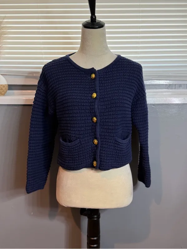 GAP Navy Gold Button Cropped Cardigan Sweater Small 100% Cotton - Image 3