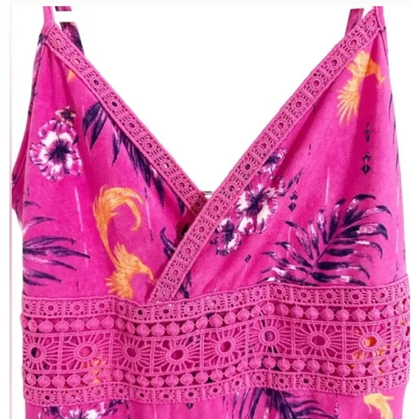 Y2K Mudd V-Neck Crochet Mini Dress Size Medium Hot Pink Purple Tropical - Image 3