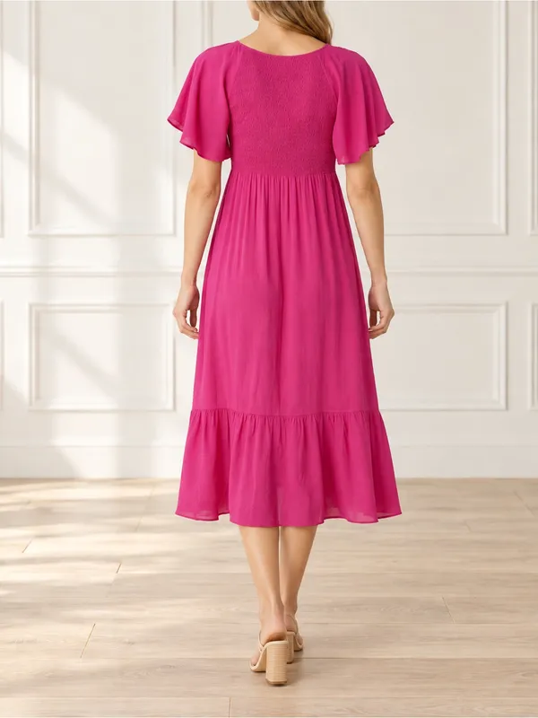Bohme Saltwater Smocked Midi Dress Large Fuchsia Pink Flutter Sleeve Boho - Image 4