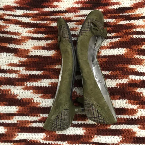 90s Y2K Preppy Whimsygoth Coquette Green Leather Suede Bow Plaid Kitten Heels Pumps Babydoll Patchwork #cottagecore-8.5M - Image 5