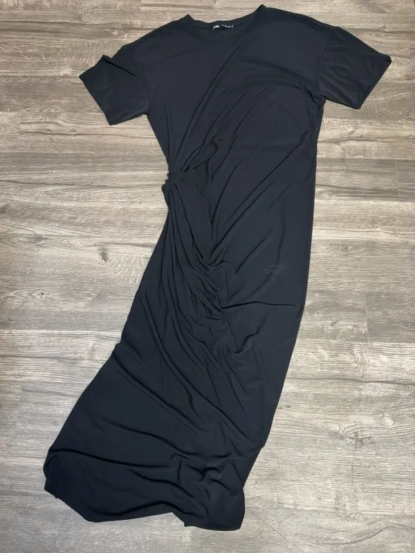 ZARA Black Draped Side Knot Midi Dress Size L - Image 2