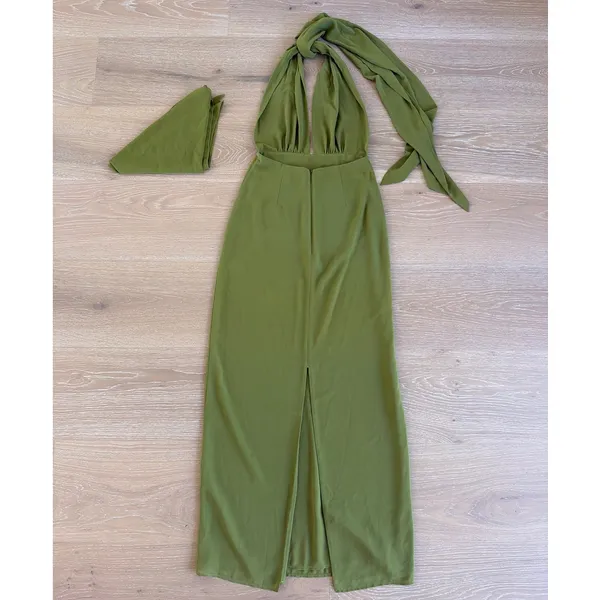 Meshki Maxi Dress Halter Gianna Size S Olive Green - Image 3