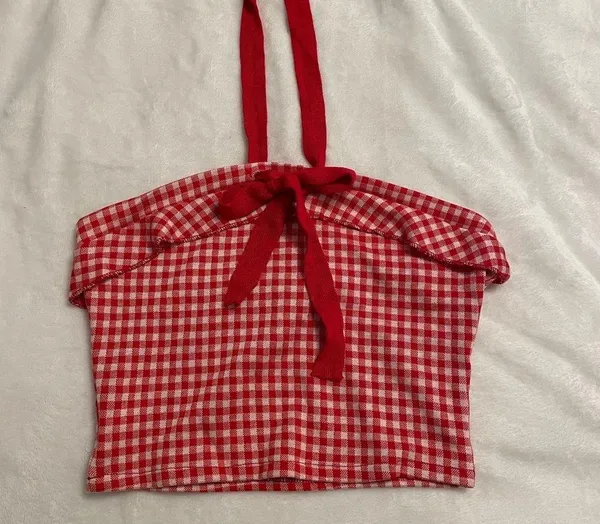 Cottagecore Farmhouse Babydoll Summer Red White Plaid Halter Ribbon Crop Top - Image 2