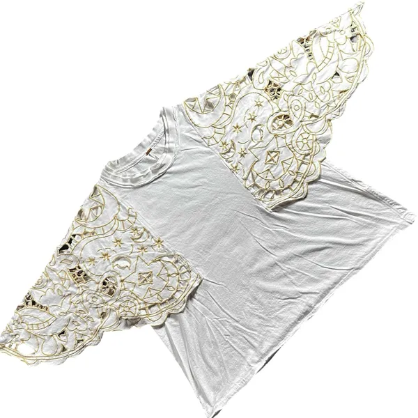 Free People XS White Gold Embroidered Cutwork Statement Sleeve Top - Image 3