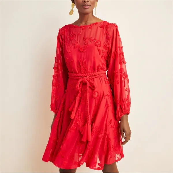 Anthropologie Mare‎ Mare Amal Puff Sleeve Textured Floral Mini Dress Red Size XS - Image 5