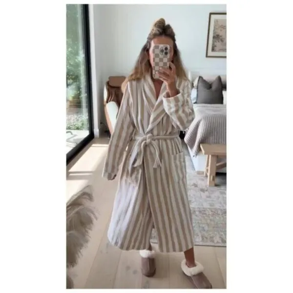 NORDSTROM Stripe Hydrocotton Terry Robe in Pink Peachskin White Stripe Large - Image 3