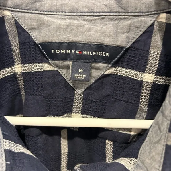 Tommy Hilfiger Womens Navy Blue White Plaid Long Sleeve Button Down Shirt Size M - Image 2