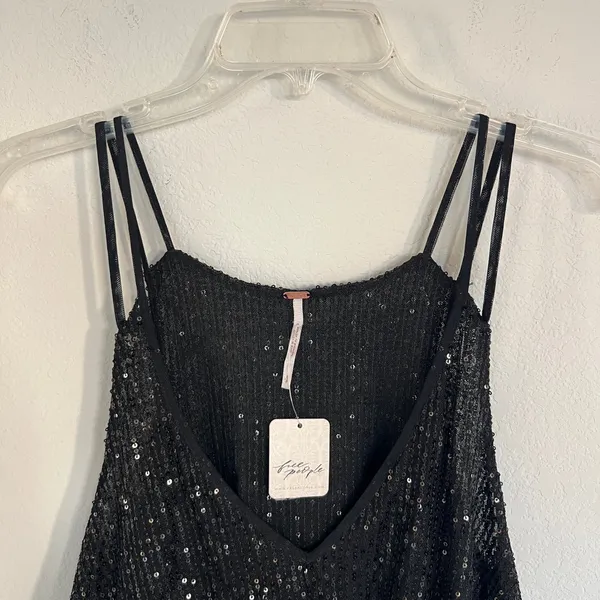 Free People Black Sequin Layered Spaghetti Strap Top Size Small NWT - Image 2