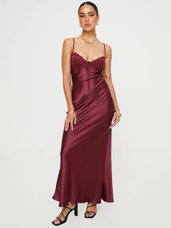 Princess Polly Fadyen Bias Cut Maxi Dress Burgundy Satin Lace Bust XS 2 New NWT - Image 3